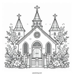 Cute Church Coloring Page With Flowers In Front
