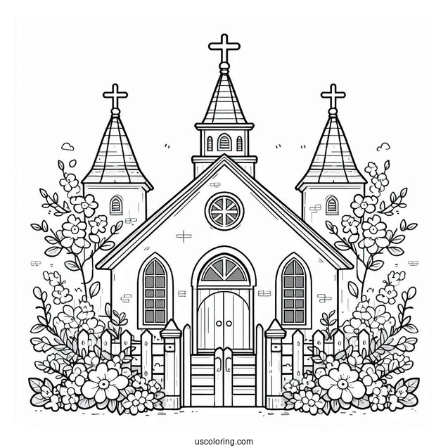 Cute Church Coloring Page With Flowers In Front