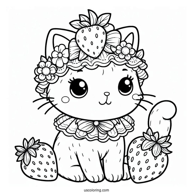 Cat Wearing A Strawberry Headdress Coloring Page