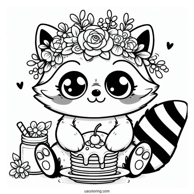 Kawaii Raccoon Coloring Page With Flower Crown And Pancake For Kids