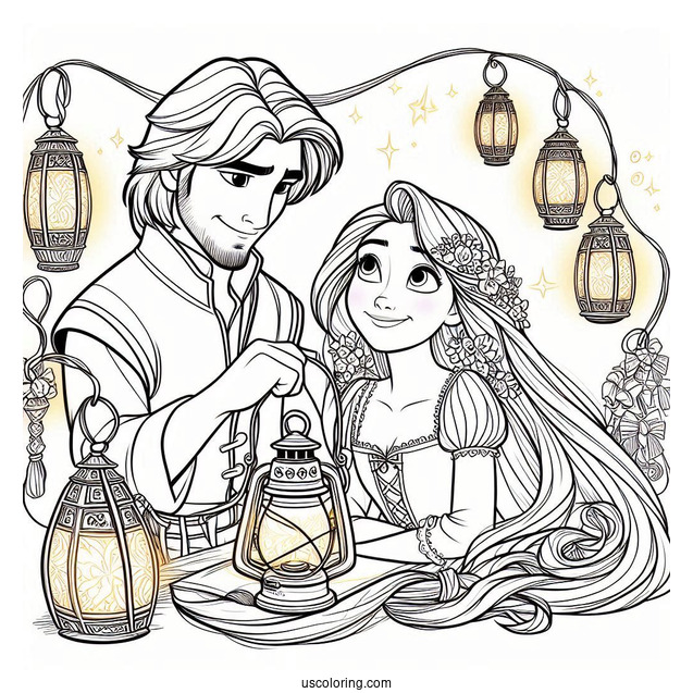 Rapunzel And Eugene With Lanterns To Color