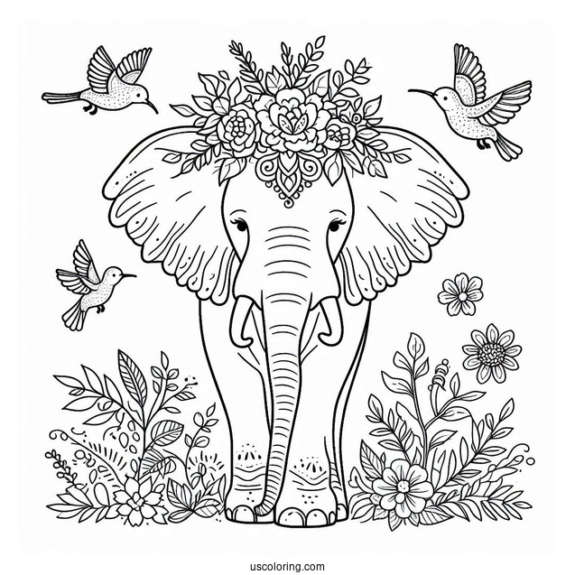Majestic Elephant With Birds On Head Coloring Page