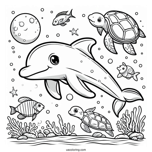 Dolphin Swimming With Fish And Turtle