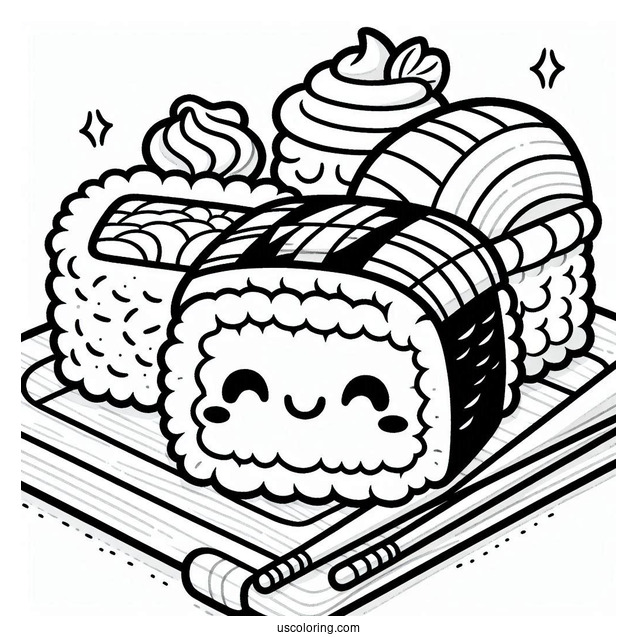 Sushi Coloring Pages Smiling Maki On A Board For Kids