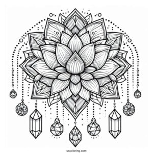 Lotus Flower Mandala Coloring Page With Hanging Crystals