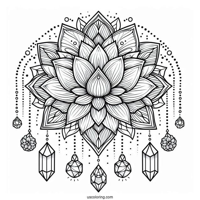 Lotus Flower Mandala Coloring Page With Hanging Crystals