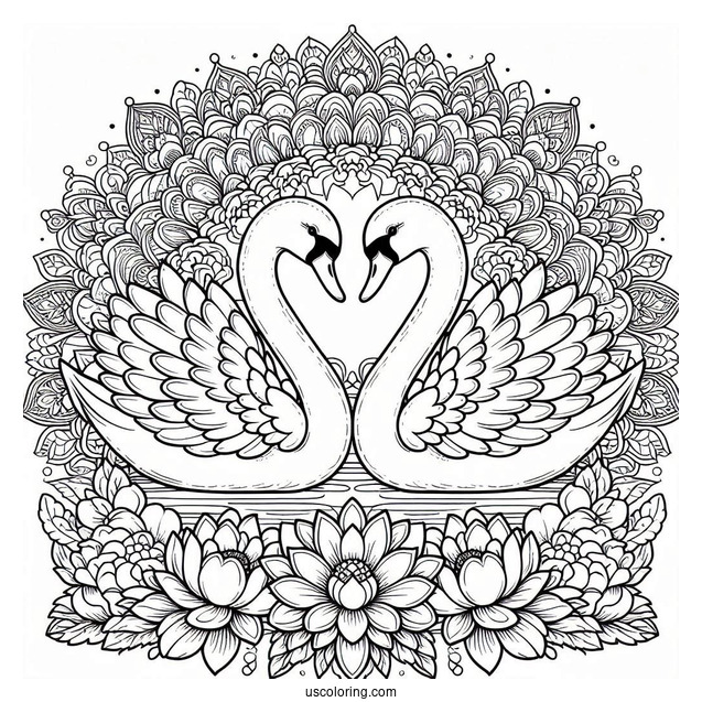 Twin Swan Coloring Page In Front Of Flower Mandala