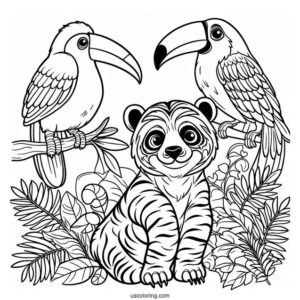 Simple Sloth, Tiger, And Toucan In The Jungle Coloring Page For Kids