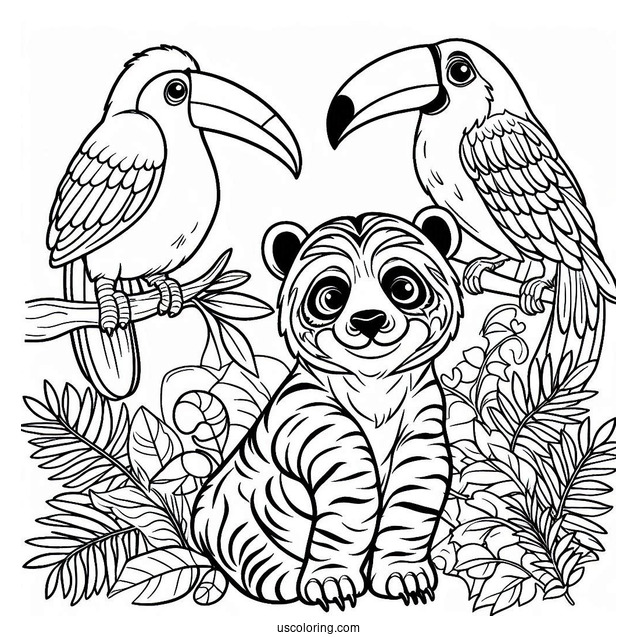 Simple Sloth, Tiger, And Toucan In The Jungle Coloring Page For Kids