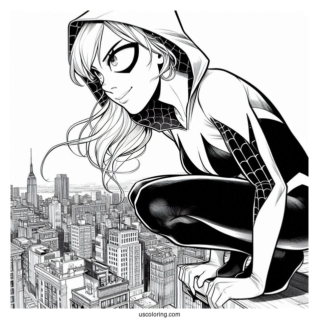 Spider-Gwen Coloring Page Looking Down From The Top Of A Building