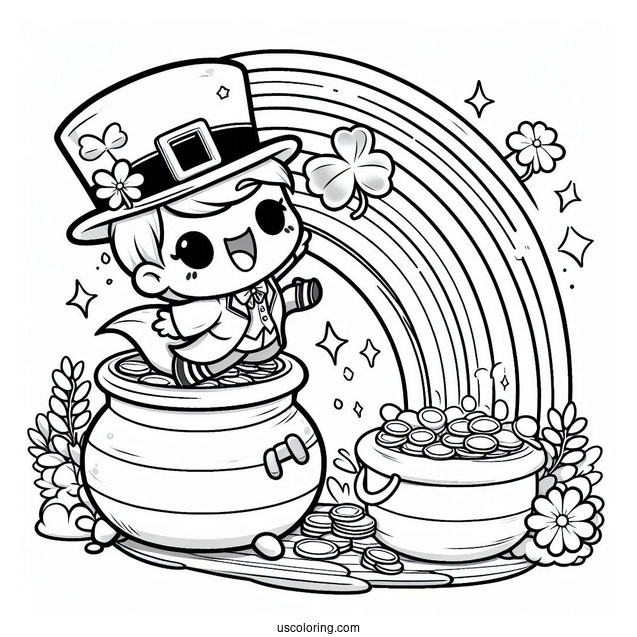St. Patrick's Day Coloring Page Of Chibi Leprechaun Sliding Down A Rainbow To A Pot Of Gold
