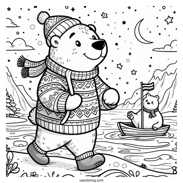 Polar Bear In A Sweater Going To The North Pole Coloring Page