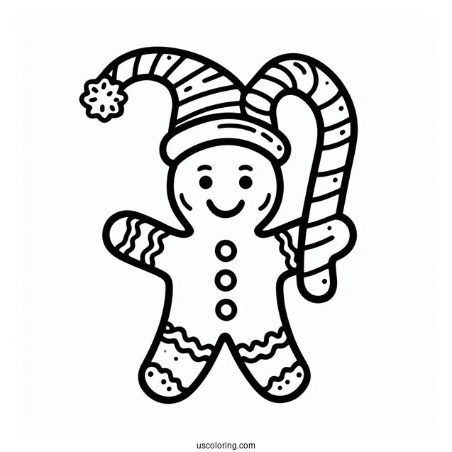 Gingerbread Man With Candy Cane Coloring Page For Preschoolers