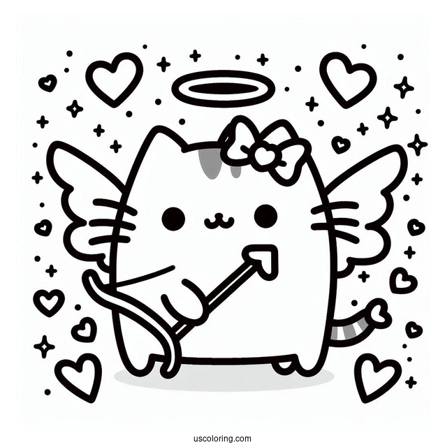 Pusheen Cupid With Bow And Love Hearts To Color