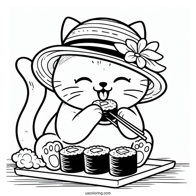 Cat Wearing A Hat While Eating Sushi Coloring Pages