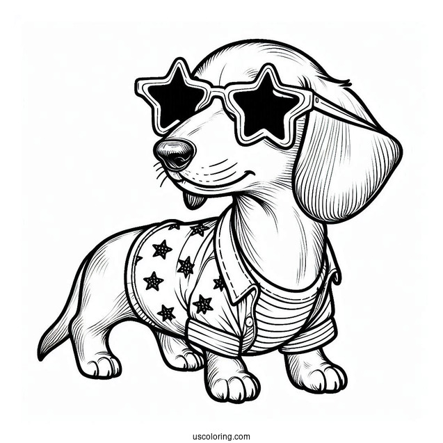 Dachshund Coloring Page Wearing Star Sunglasses And Shirt