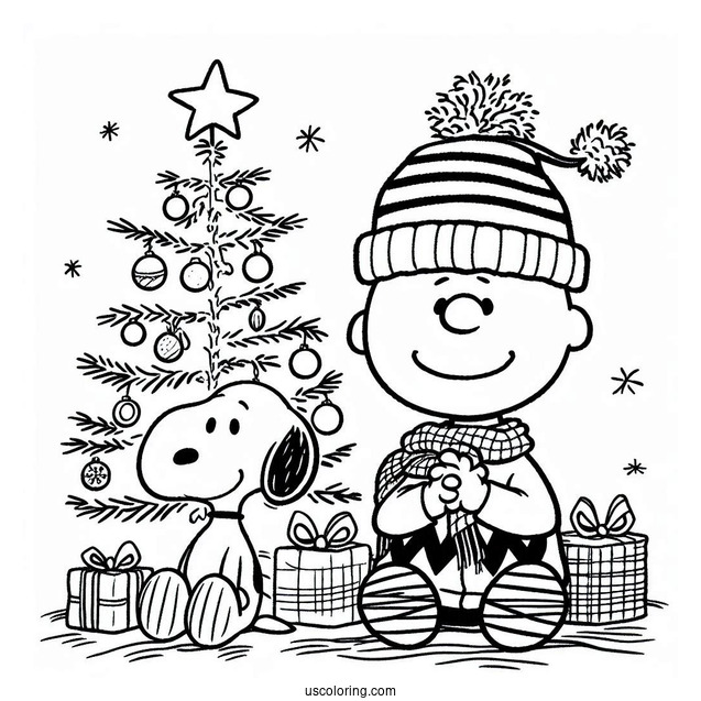 Charlie Brown And Snoopy With Christmas Tree To Color