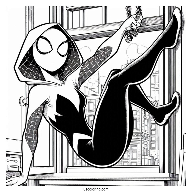 Spider-Gwen Coloring Page Swinging Out Of A Window In Spider Man Multiverse