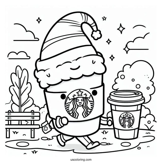 Cartoon Starbucks Coloring Page Cup Strolling In The Park With A Santa Hat