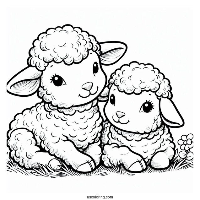 Two Cute Lambs Resting On Grass To Color