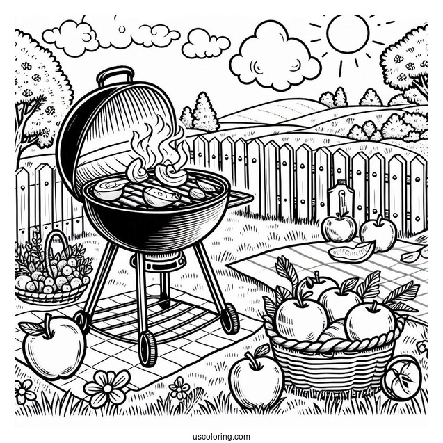 Summer Coloring Page Of Grill In The Backyard With Apples On The Grass