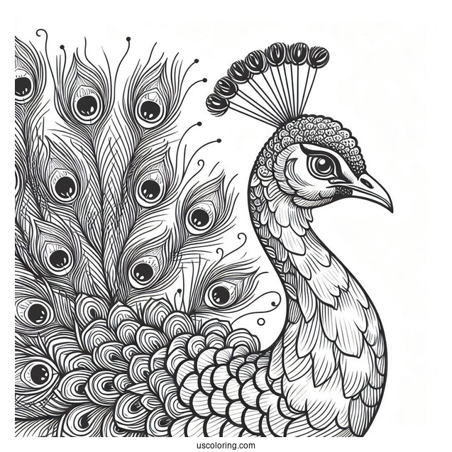 Side Profile Of Peacock Coloring Page With Fanned Feathers