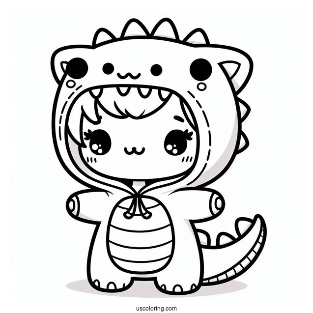 Kawaii Cat In A Dinosaur Onesie Coloring Sheet