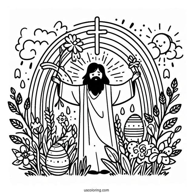 Easter Coloring Page Of He Is Risen With Rainbow For Kids