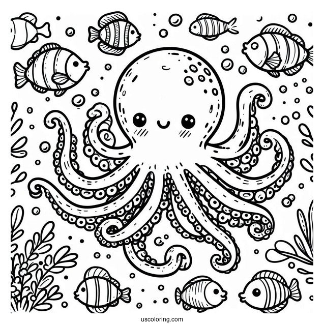 Kawaii Octopus Coloring Page Swimming With Fish