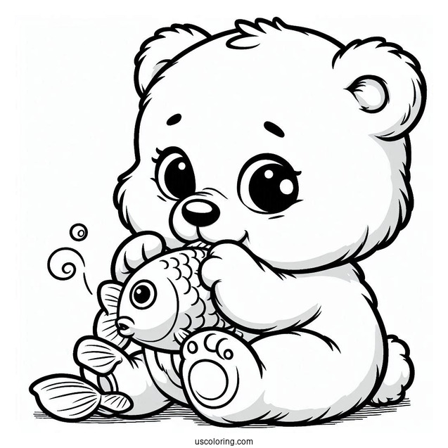 Easy Baby Bear Coloring Page Chewing On Fish