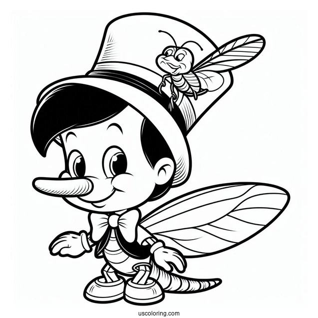 Pinocchio Coloring Page Of Jiminy Cricket Wearing Top Hat For Preschoolers