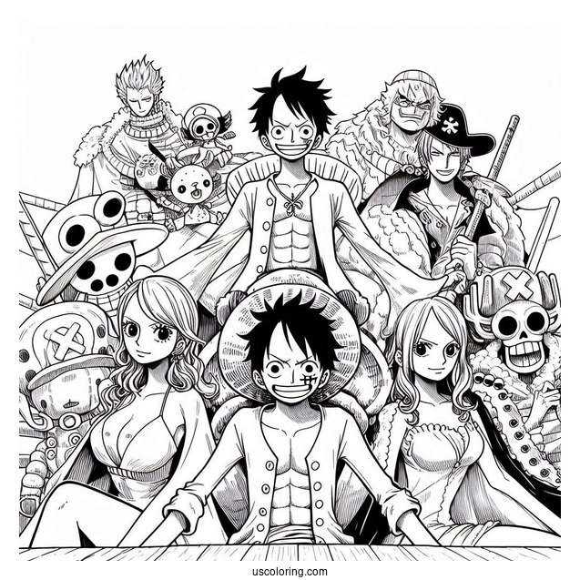 One Piece Coloring Page Of Luffy, Nami, Robin, Sanji, Zoro, Franky, Chopper, Brook, And Usopp
