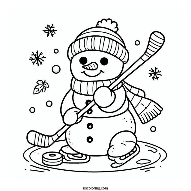 Coloring Sheet Of a Snowman Playing Ice Hockey