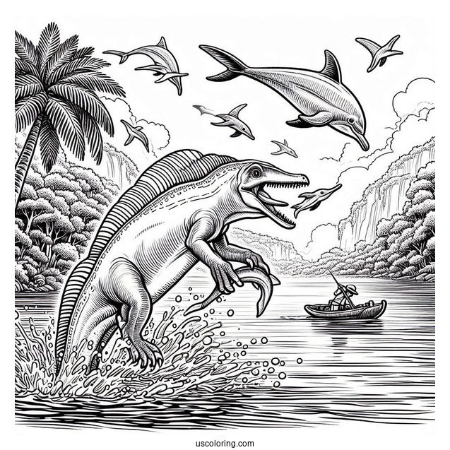 Spinosaurus Coloring Page Catching A River Dolphin