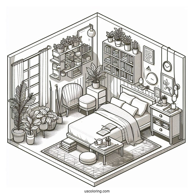 Isometric Bedroom Coloring Page With Bookshelves, Coffee Table, And Plants