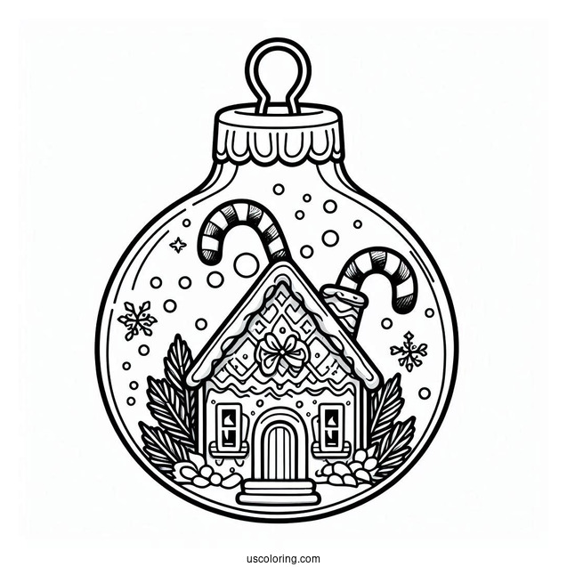 Gingerbread House And Candy Canes Inside Bauble Christmas Ornaments Coloring Page