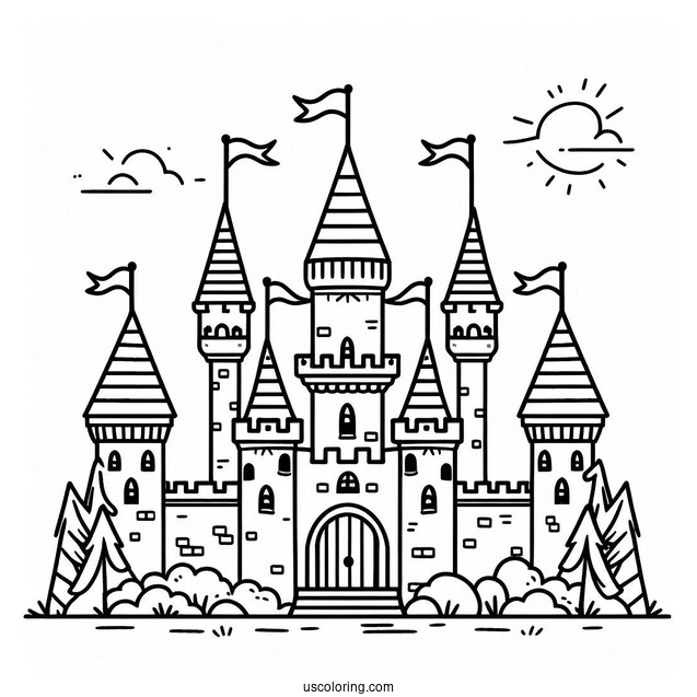 Easy Castle Coloring Page With Flags For Preschoolers