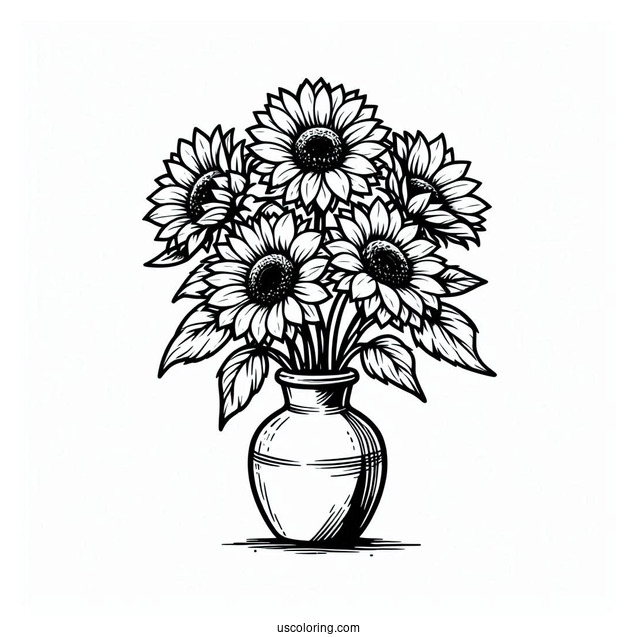 Sunflowers In Vase Coloring Sheet