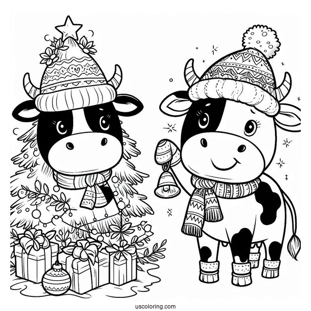 Christmas Themed Cow Coloring Page