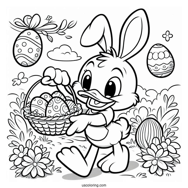 Easter Coloring Page Of Donald Duck As Easter Bunny Carrying Basket Of Eggs
