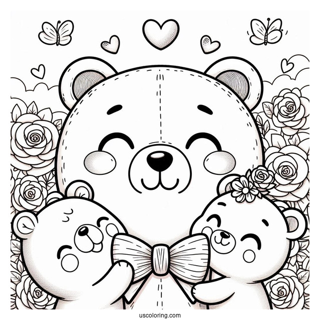 Smiling Critters Coloring Page BearHug With Rose Background