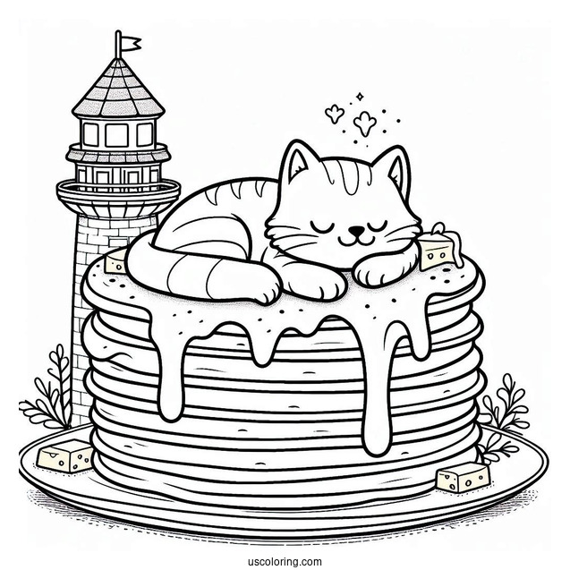 Cat Resting On Top Of Pancake Coloring Page Tower With Melting Butter For Preschoolers