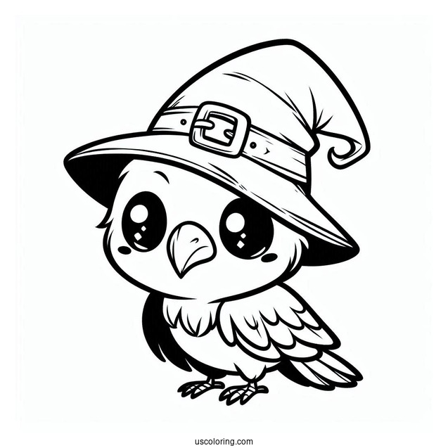 Chibi Raven Coloring Page Wearing A Witch's Hat For Kids