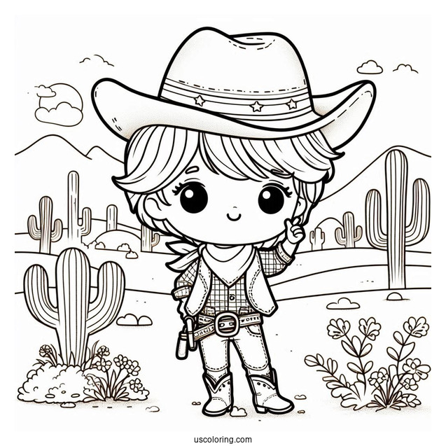 Adorable Little Cowboy Coloring Page In The Desert