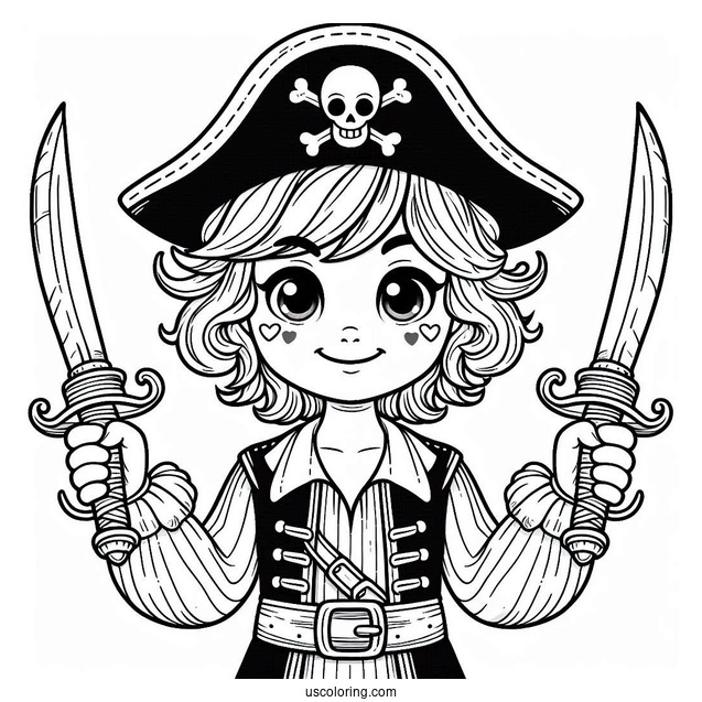 Pirate Coloring Page Holding Up Two Daggers For Kids