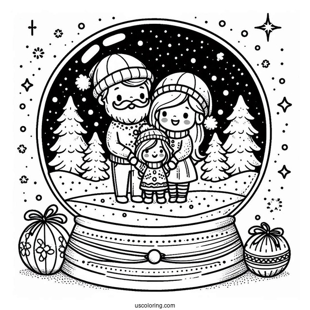 Family Celebrating Christmas Snow Globe Coloring Page