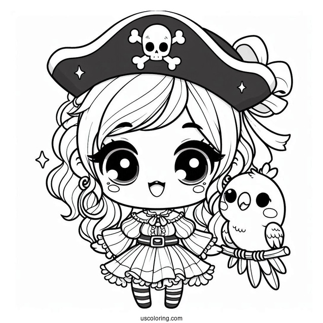 Kawaii Female Pirate Coloring Page With A Parrot For Preschoolers