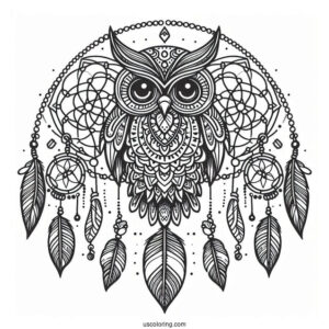 Owl Mandala Dreamcatcher Coloring Page