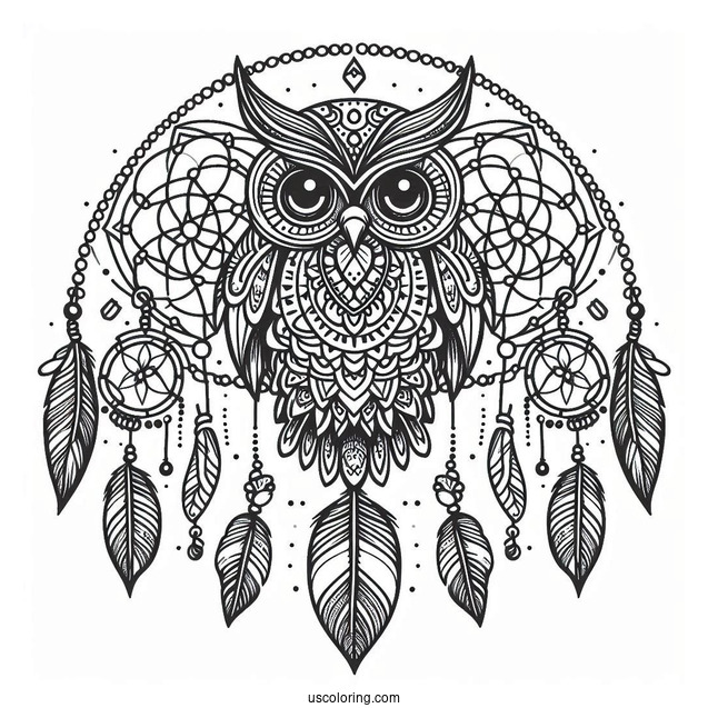Owl Mandala Dreamcatcher Coloring Page