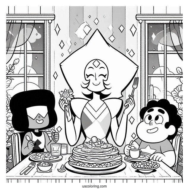 Steven Universe Coloring Page Of Having Breakfast With Pearl, Garnet, And Amethyst